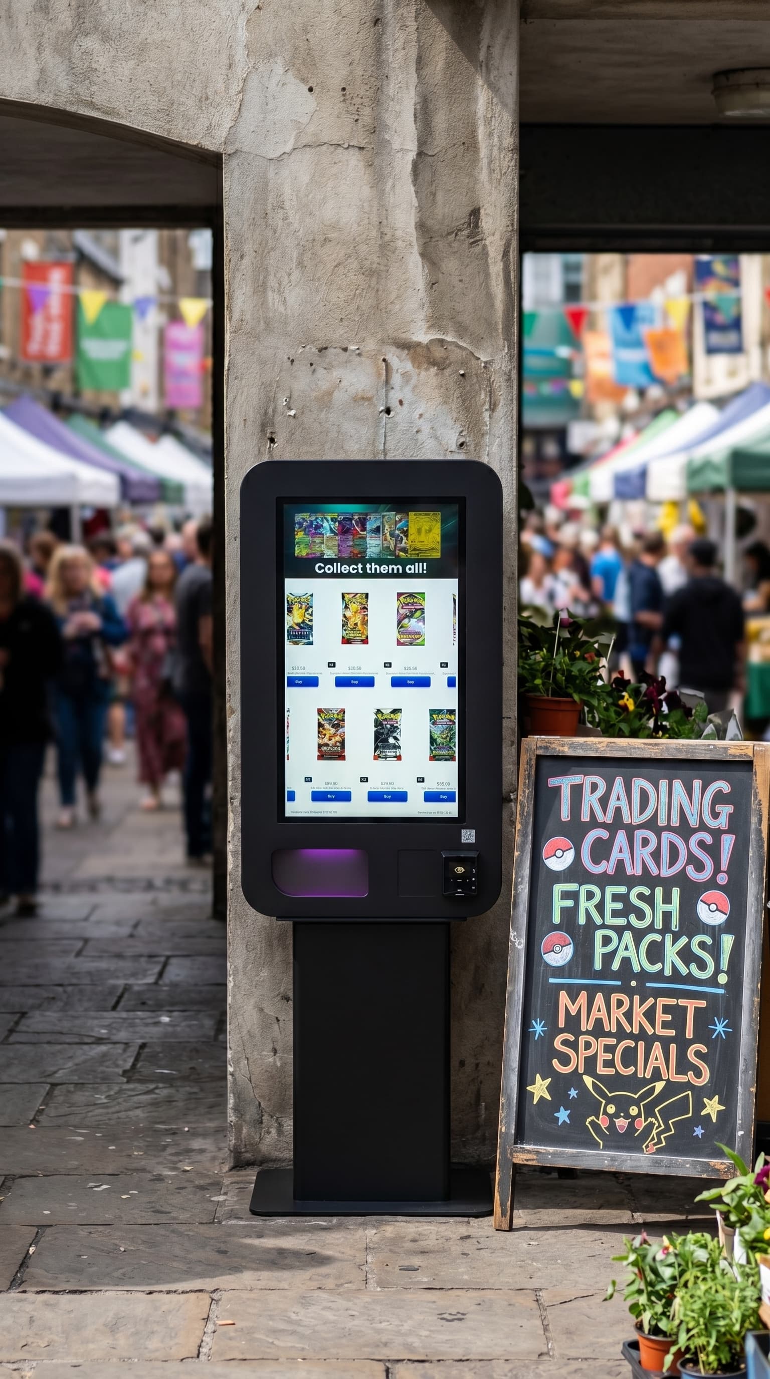 Salish trading-card vending machine at a busy outdoor market